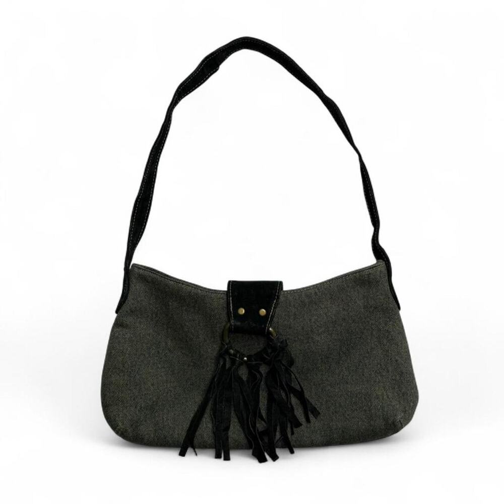 La Rue grey denim bag with black fringe & ring detail so Y2K coach vibes denim